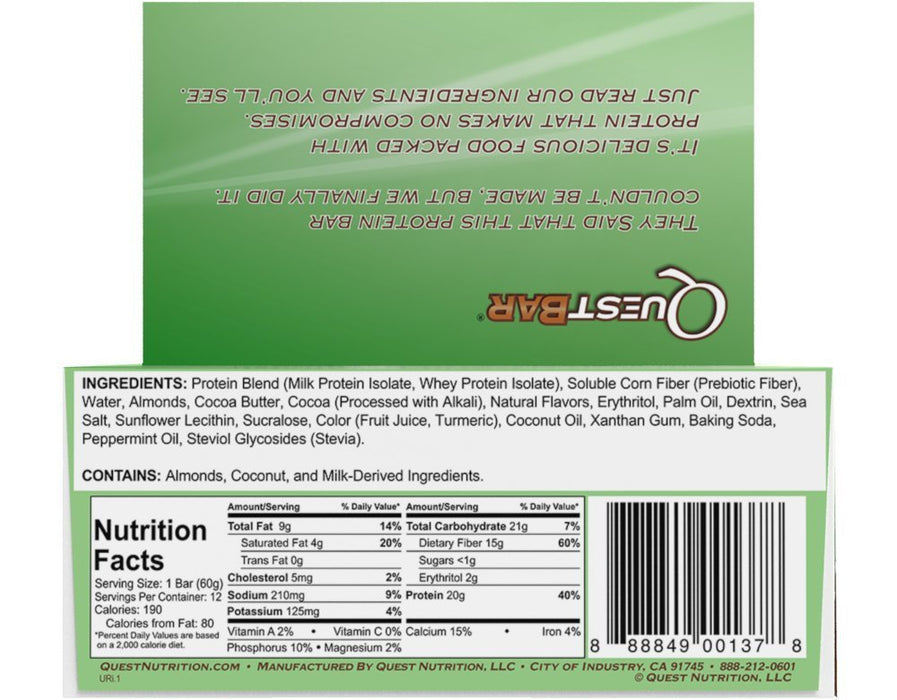 Quest Nutrition Bar 12x60g Mint Chocolate Chunk - Sports Nutrition at MySupplementShop by Quest Nutrition