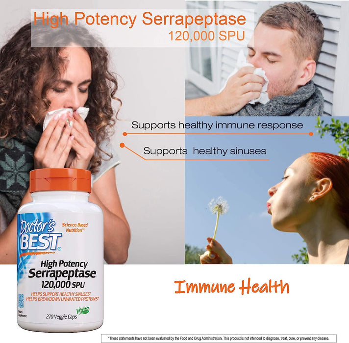 Doctor's Best Serrapeptase, 120 000 SPU High Potency - 90 vcaps - Health and Wellbeing at MySupplementShop by Doctor's Best