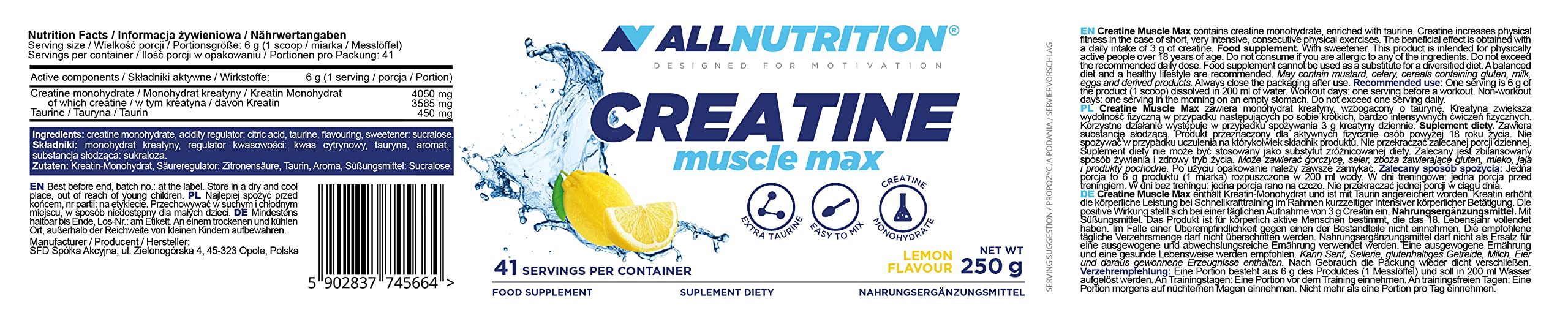 Creatine Muscle Max, Lemon - 250g - Creatine Supplements at MySupplementShop by Allnutrition