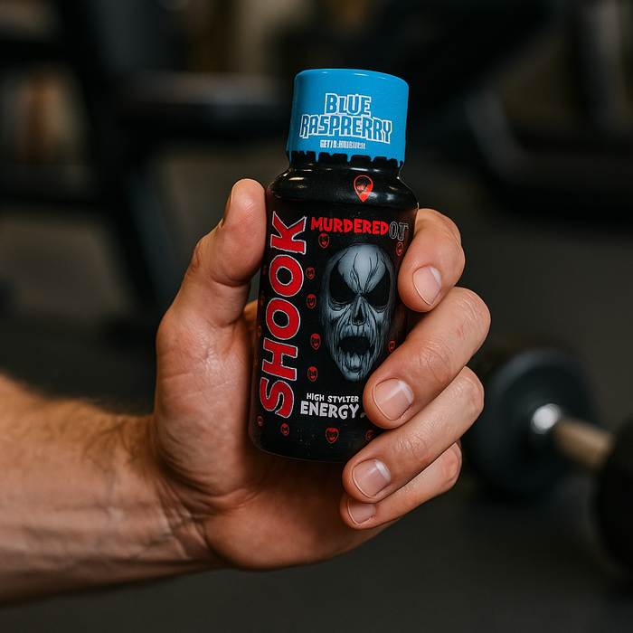 Close-up of a sweaty hand gripping a Blue Raspberry Murdered Out Shook Energy Shot bottle, with blurred gym equipment in the background, highlighting focus and determination before an intense workout