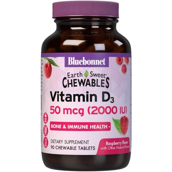 Bluebonnet Earthsweet Chewables Vitamin D3 2,000iu 90 Raspberry Tablets - Supplements at MySupplementShop by Bluebonnet Nutrition