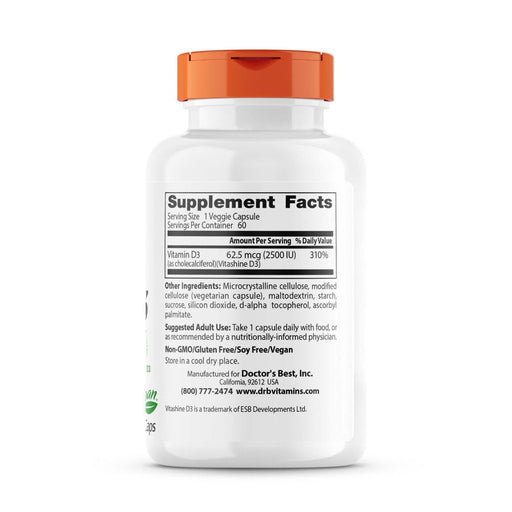 Doctor's Best Vegan D3 with Vitashine D3, 2,500 IU 60 Veggie Capsules - Immune Support at MySupplementShop by Doctor's Best