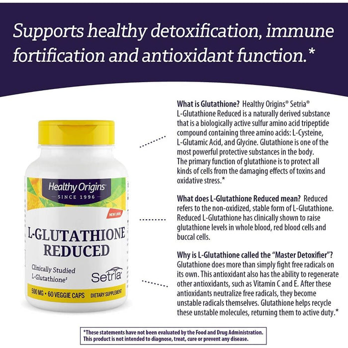 Healthy Origins L-Glutathione Reduced 500mg 60 Veggie Capsules - Detox & Cleanse at MySupplementShop by Healthy Origins