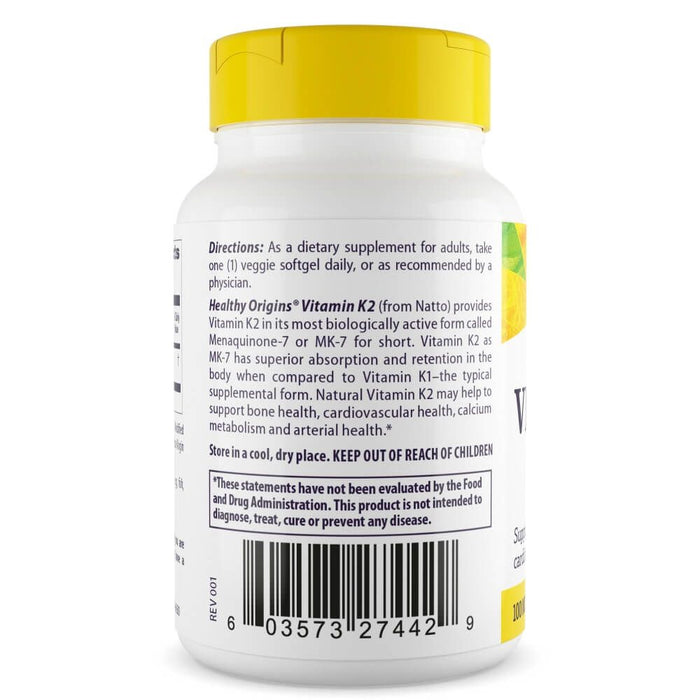 Healthy Origins Vitamin K2 as MK-7 100mcg 60 Veggie Softgels - Heart Health at MySupplementShop by Healthy Origins