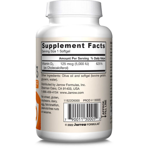 Jarrow Formulas Vitamin D3 125 mcg (5000 IU) 100 Softgels - Vitamins & Minerals at MySupplementShop by Jarrow Formulas