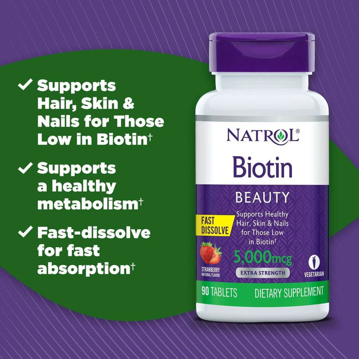 Natrol Biotin 5,000mcg 90 Strawberry Tablets - Energy & Vitality at MySupplementShop by Natrol