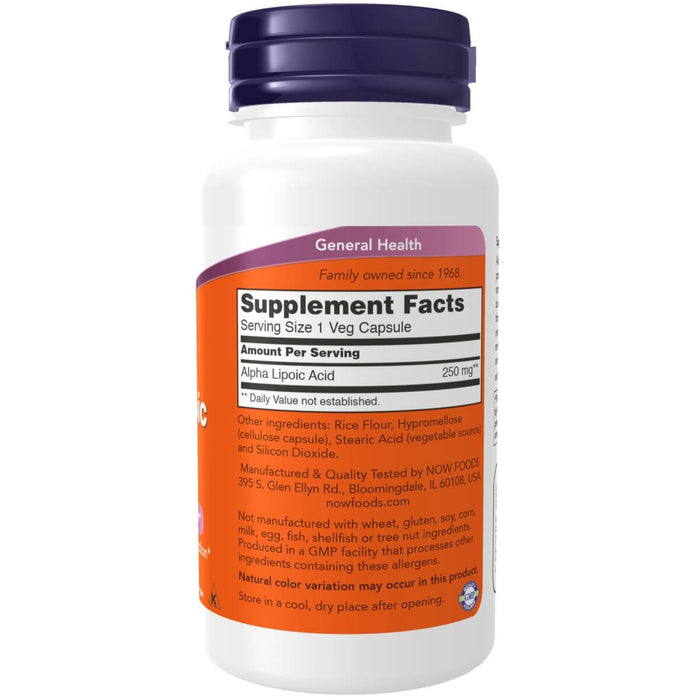 NOW Foods Alpha Lipoic Acid 250 mg 60 Veg Capsules - Health and Wellbeing at MySupplementShop by NOW Foods