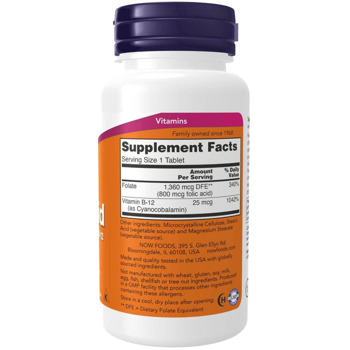 NOW Foods Folic Acid 800 mcg + B-12 25 mcg 250 Tablets - Vitamins & Minerals at MySupplementShop by NOW Foods