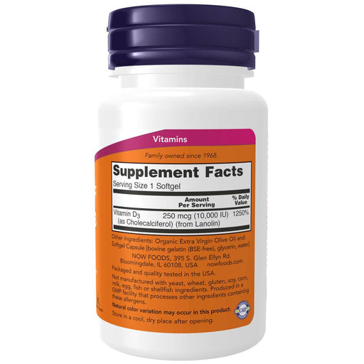 NOW Foods Vitamin D-3 10,000 IU 240 Softgels - Sports Nutrition at MySupplementShop by NOW Foods