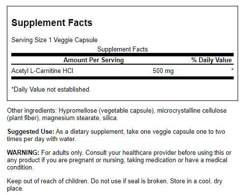 Swanson Acetyl L-Carnitine 500mg 100 Veg Capsules - Health and Wellbeing at MySupplementShop by Swanson