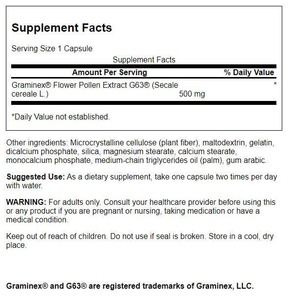 Swanson Graminex Flower Pollen Extract 500 mg 60 Capsules - Health and Wellbeing at MySupplementShop by Swanson