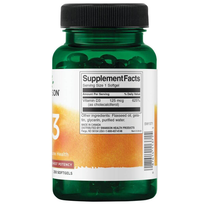 Swanson Vitamin D3 Highest Potency 5,000 IU (125 mcg) 250 Softgels - Vitamins & Minerals at MySupplementShop by Swanson