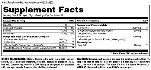 Animal Pump Pro Powder - Non Stimulant Preworkout - Pump & Cell volumization with Added Sea Salt for Electrolytes - 20 Servings - Strawberry Lemonade - Sports Nutrition at MySupplementShop by Animal