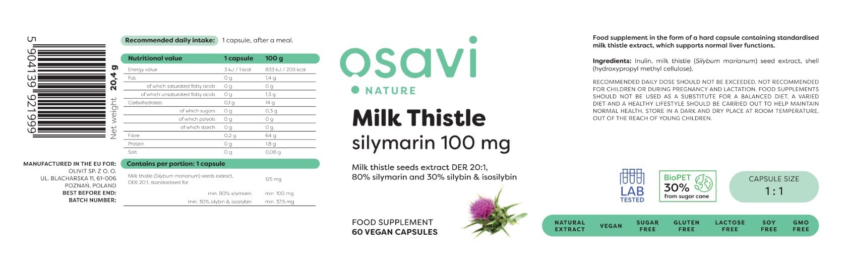 Osavi Milk Thistle, Silymarin 100mg - 60 vegan caps - Health and Wellbeing at MySupplementShop by Osavi