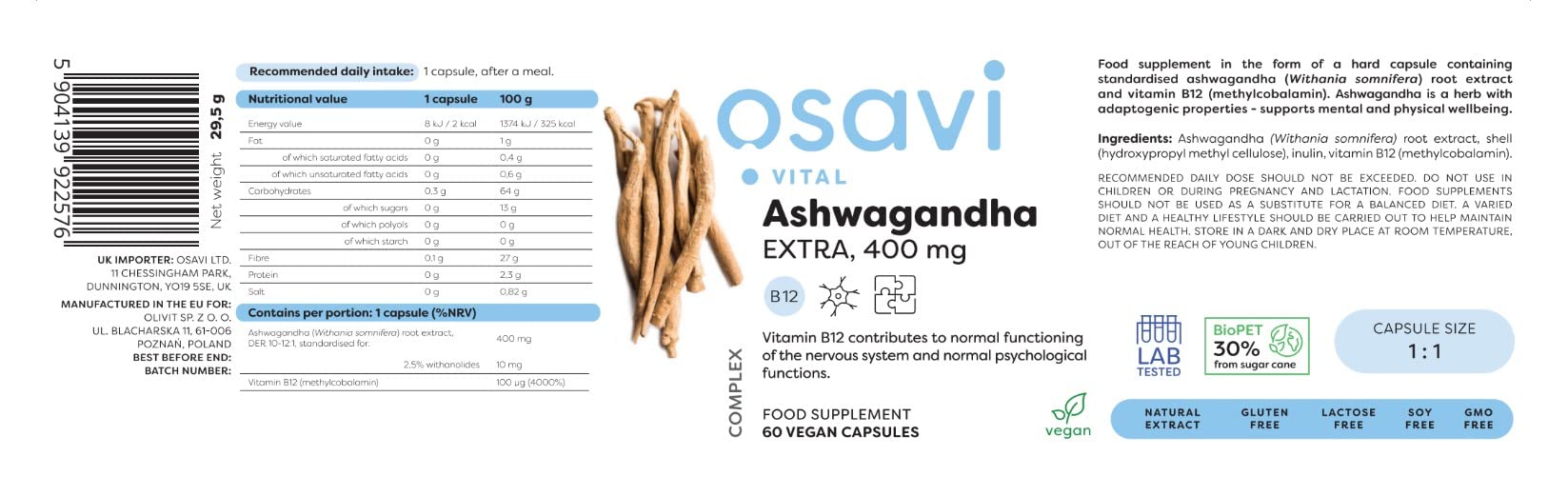 Osavi Ashwagandha Extra, 400mg - 60 vegan caps - Health and Wellbeing at MySupplementShop by Osavi