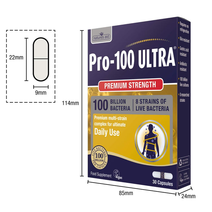 Natures Aid Pro-100 Ultra 8 Strain Complex 30 Caps - Sports Nutrition at MySupplementShop by Natures Aid