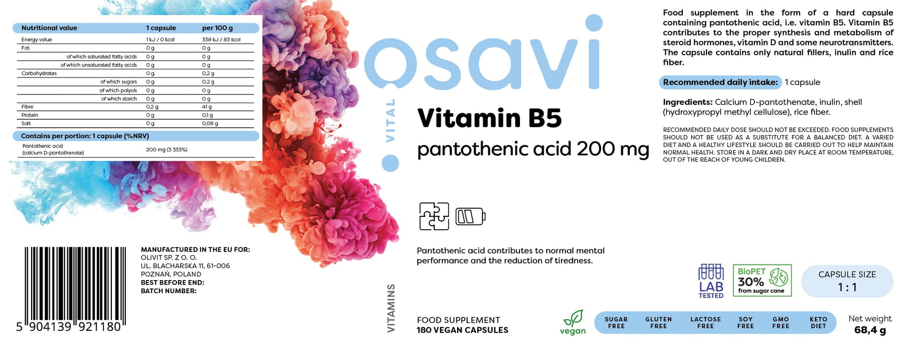 Osavi Vitamin B5 Pantothenic Acid, 200mg - 180 vegan caps - Health and Wellbeing at MySupplementShop by Osavi