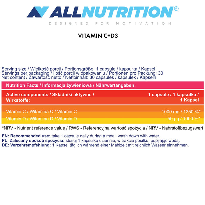 Allnutrition Vitamin C 1000 + D3 - 30 caps - Vitamins & Minerals at MySupplementShop by Allnutrition