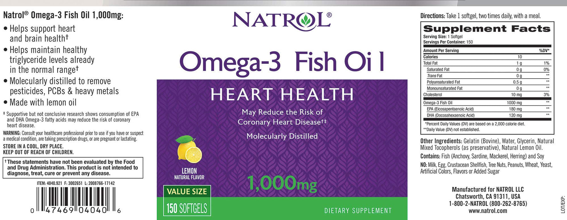 Natrol Omega-3 Fish Oil, 1000mg - 150 softgels - Omegas, EFAs, CLA, Oils at MySupplementShop by Natrol